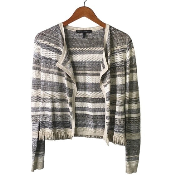 White House Black Market Striped Mix Stitch Sweater Jacket Cardigan Fringe Hem - Picture 6 of 16